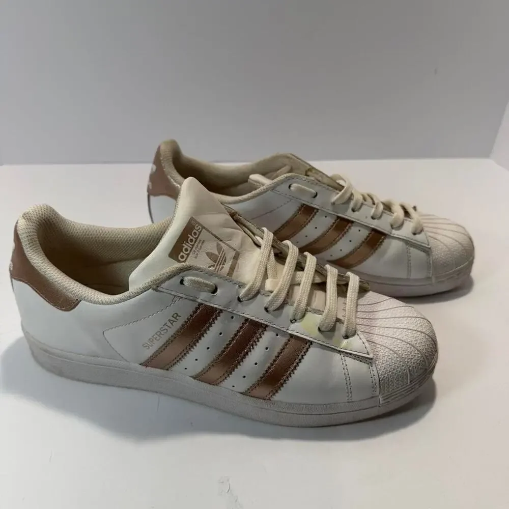 Adidas Superstar Womens 8.5 White Rose Gold Copper Metallic Shell Toe Sneakers